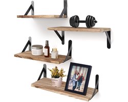 Wandplanken - Set van 4 - Wandrek - Boekenrek - Boekenplank - 42/36/29 x 15.5 x 1.5 cm - Zwevende Planken met Metaal - Max. Belasting 20 kg - Bruin/Zwart