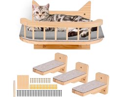 Wandplanken voor katten met hangmat en 3 treden, kattenklimunit met grijze kussen, speel- en krabmeubel voor katten