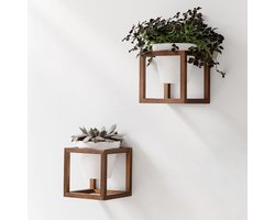 Wandplanters "Lille" | Hangende Bloempotten in Massief Houten Frames | Plantenhouder Set van Keramiek en Hout voor Muren Tafels en meer | Walnoot Bruin
