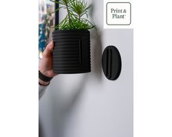 Wandpot binnen met ribbels – moderne kunststof plantenpot met drainage en lekbak - Zwart