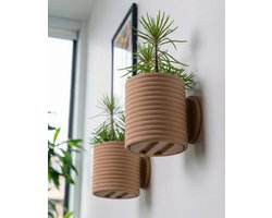 Wandpot binnen met ribbels – set van 2 - moderne kunststof plantenpot met drainage en lekbak - Latte Bruin