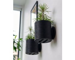 Wandpot binnen met ribbels – set van 2 - moderne kunststof plantenpot met drainage en lekbak - Zwart