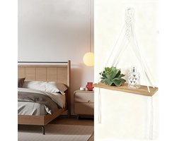Wandrek - geweven wandplank - houten planken, bohemien decoratief rek, katoenen touw, handgeweven zwevende planken, geschikt voor balkons, badkamers, woonkamers, slaapkamers