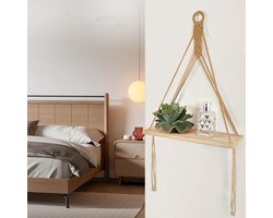 Wandrek, geweven wandplank, houten planken, bohemien decoratief rek, katoenen touw, handgeweven zwevende planken, geschikt voor balkons, badkamers, woonkamers, slaapkamers