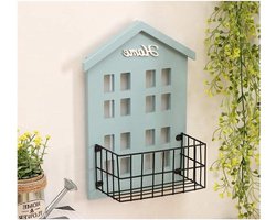 Wandrek Huis Stijl - Decoratieve Organizer - Brief & Post Sorteren - Rustiek Hout Metaal - 31 cm Hoog - Blauw