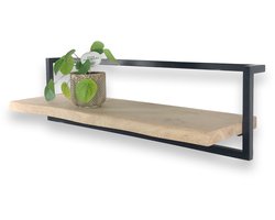 Wandrek industrieel met boomstam plank 100 x 30 cm - Metaal zwart - Massief eiken hout - Fotoplank- Wandplank zwevend - Boomstam plank - Muurplank - Muurplank zwevend