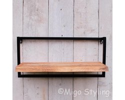 Wandrek - Industrieel - Zwart - Mangohout - 1 legplank - Rechthoek - B65xD25xH30 - Woonkamer - Slaapkamer -  incl bevestigingsmateriaal