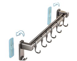 Wandrek keuken - ophanghaken – Rek voor keukengerei en pannen – Keukenorganizer – Inclusief 6 haken – zelfklevende - Voor het ophangen van pannen - gungrijs - 30cm - 1stuk