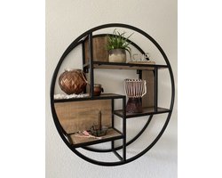 Wandrek - Rond - Industrieel - Mangohout - Zwart Metaal - 80 CM Diameter - Wandplank - Hoge Kwaliteit