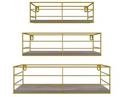 Wandrek Set van 3 - Houten Planken met Gouden Metaal voor Keuken, Badkamer en Woonkamer