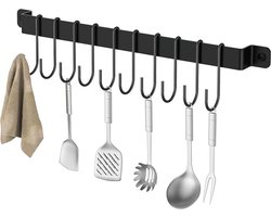 Wandrek voor de keuken - wandrek keuken - ophanghaken – Rek voor keukengerei en pannen – Keukenorganizer – Inclusief 10 haken – Voor het ophangen van pannen, kommen, koffiekopjes en meer – Koolstofstaal – Zwart