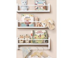 Wandrek voor kinderkamer - set van 3 zwevende rekken - wit met houten kralendesign - organizer en decoratie - voor kinderen - keuken en boekenplank Boekenplank