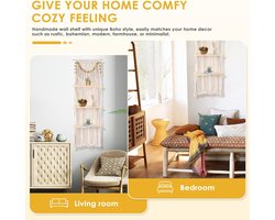 Wandrek voor macramé, boho-decor, 3-traps zwevende planken, wandtapijt, handgeweven met houten plank, natuurlijk hangrek, chic, drijvende kwast, planken voor badkamer, woonkamer, balkon