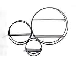 Wandrek – Zwart metaal – Rond driedelig vintage design met 4 planken – Industrieel wandrek