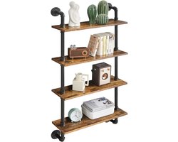 Wandrek, zwevend rek met 4 verdiepingen, hout, wandboard in retro industrieel design, 60 cm, voor boeken, decoratie, planten, wijnflessen, stabiel, metalen frame, voor keuken woonkamer, kantoor