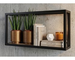 Wandrekken metaal zwart keuken- 62cm breed x 30cm hoog x 12cm diep. - Wandschap woonkamer zwart dik met hout - wandplank Soto rechthoekig - Wandschappen design metaal