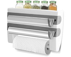 Wandrolhouder met plank Keukenrolhouder met foliesnijder Papierrolhouder voor keukenrol Aluminiumfolie Vershoudfolie Papieren handdoekhouder Houder Keukengereedschap(Grijs)