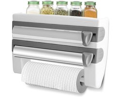 Wandrolhouder met plank Keukenrolhouder met foliesnijder Papierrolhouder voor keukenrol Aluminiumfolie Vershoudfolie Papieren handdoekhouder Houder Keukengereedschap(Grijs)