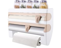 Wandrolhouder met plank - Keukenrolhouder met foliesnijder - Papierrolhouder voor keukenrol en folie - Houder voor Aluminiumfolie, Vershoudfolie en Papieren handdoeken - Keukengereedschap (khaki)