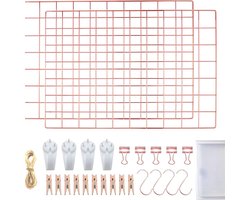 Wandrooster voor foto's, roségoud, prikbord, rooster voor muur, metalen rooster, decoratieve wand, set van 2, multifunctioneel memobord, rooster, goud, 42 × 31 cm