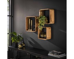 Wandschap set | 3 vierkanten | bruin | massief acacia naturel | 40 x 40 / 35 x 35 / 30 x 30 cm | woonkamer / slaapkamer | modern / landelijk design