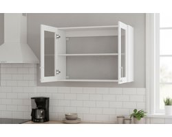 Wandschrank met Glazen Deuren – Moderne Hangkast 80 cm – Badkamerkast & Keukenkast met Verstelbare Plank, Veiligheidsglas & Metalen Handgrepen – Wandkast Wit – NoviHome