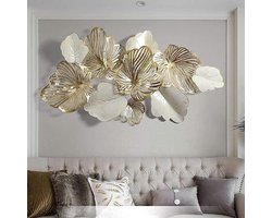 Wandsculptuur, woondecoratie, metalen kunst, bladeren, moderne grote gouden bloem, handgemaakt 3D-hangkunstwerk, decoratie voor woonkamer, slaapkamer, 136 x 76 cm