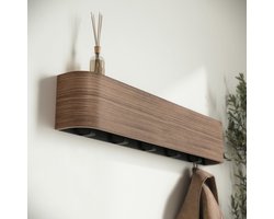 Wandsleutelhanger - verborgen haken - wandkapstok - kapstok - met houten plank en haken - opbergrek voor in de hal - kapstok van massief houtfineer - geschikt voor slaapkamers, keukens en gangen - kleur walnoot