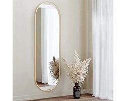 Wandspiegel - 50 x 160cm Goud - Ovaal Passpiegel - Ovale Spiegel - Moderne Spiegel - Wandspiegel Met Haken - Kleedkamer - Hal - Slaapkamerspiegel -Badkamer - Luxe - Metaal - Oval Hangspiegel - Interieur - Woondecoratie - Veiligheidsglas