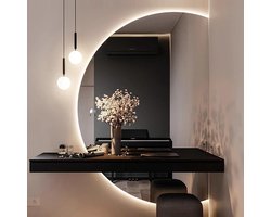 Wandspiegel Halve Cirkel - Badkamerspiegel Decoratief - Make-up Aanbrengen - Verstelbaar Driekleurig Licht - 120 cm - Zonder Frame