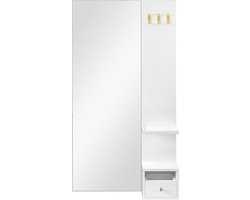 Wandspiegel met opbergruimte, grote spiegel, 108 x 60 x 17,5 cm, 3 kapstokhaken, Plank en Lade - Wit