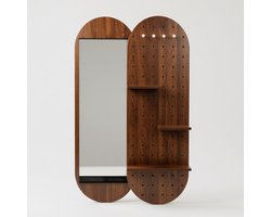 Wandspiegel met Pegboard en Twee Plankjes - Spiegel met Kapstok en Opbergruimte-120 x 40 cm-Walnoot kleur.