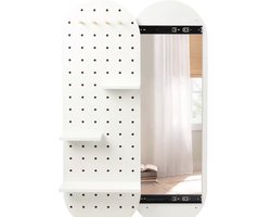 Wandspiegel met Pegboard en Twee Plankjes - Spiegel met Kapstok en Opbergruimte-120 x 40 cm-WIT.