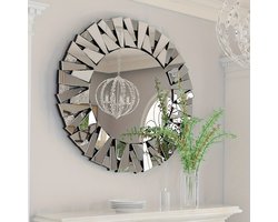 Wandspiegel – Passpiegel – Badkamerspiegel – Halspiegel – Ronde Spiegel – 79x79 cm – Houten Frame – Gepolijst Afgewerkt