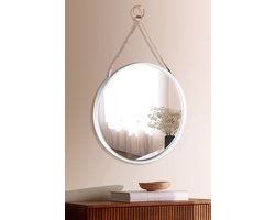 Wandspiegel - Rond - ø48cm - Wit Kleur- Houtenlijst - Linnen ophangriem - Muurdecoratie - 4cmx48cm - Spiegel Wanddecoratie