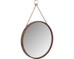 Wandspiegel - Rond - ø50cm - Bruin kleur - Houtenlijst - Linnen ophangriem - Muurdecoratie - 4cmx50cm - Spiegel Wanddecoratie