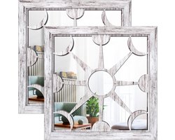 Wandspiegel Vierkant muurdecoratie 2 stuks boerderij binnen-buiten wandspiegels 305 x 305 cm voor woonkamer-hal-entree-tuinspiegels buiten voor muren (shabby witgekalkt hout) Wandspiegel