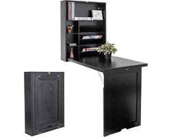 Wandtafel inklapbaar, wandklaptafel met 2 in hoogte verstelbare planken, bartafel van hout, computertafel met opbergruimte, tafel, ideaal voor keuken, woonkamer, werkkamer en bar (zwart)