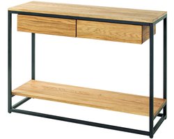 Wandtafel – Zwart staal met massief eikenhout – 100 cm breed, 35 cm diep, 75 cm hoog – Robuust en stijlvol