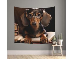 Wandtapijt Teckel Boek - Wanddecoratie Poster - Woonkamer Decoreren - Zachte Flanellen Stof - 152 x 130 cm - Multicolor