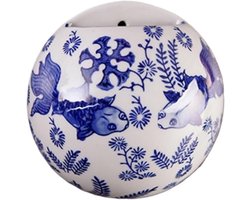 Wandvaas Porselein - Bloemenhouder Decoratie - Muurdecoratie Kamer - Elegantie Tijdloos - 1x1x1 cm - Blauw Wit