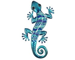 Wandversiering hagedis blauw metaal 39x19 cm voor terras en tuin