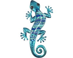 Wandversiering hagedis blauw metaal 39x19 cm voor terras en tuin