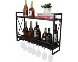 wandwijnrekken met glazen houder, 80 cm, rustieke metalen multifunctionele rekken, 2 verdiepingen wandhouder om op te hangen, wijnhouder,