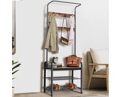 Wardrobe Stand with 9 Hooks Shoe Bench Metal 2 Shelves MDF Seat Dark Wood Modern Industrial Design 73 x 34 x 183 cm halmeubel met kapstok