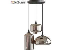 Warm & Love - Grote Smoke Glas Hanglamp 3 Lichts - Woonkamer en Eetkamer - Industriële Hanglampen Rookglas - Eettafel Lamp [Energieklasse A]