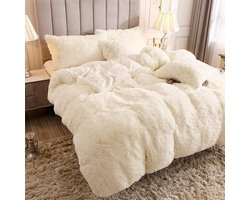 Warm pluche beddengoed, 135 x 200 cm, crème, wollig, winterdekbedovertrek, lang haar, fleece, pluche beddengoedset met ritssluiting, kussensloop - 135 x 200 cm + 80 x 80 cm