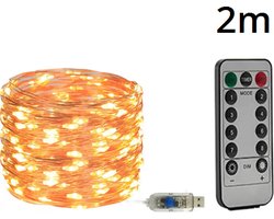 Warm Wit LED Snoer Verlichting 2 Meter – 20 LED's – USB Aangedreven – Afstandsbediening – Binnen en Buiten Gebruik