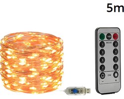 Warm Wit LED Snoer Verlichting 5 Meter – 50 LED's – USB Aangedreven – Afstandsbediening – Binnen en Buiten Gebruik