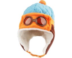 Warme wintermuts - warme kindermuts van fleece - herfst- en wintermuts met gehoorbescherming in brilstijl - babypiloot - capuchon met bril - babygevoerde pilotenmuts - geschikt voor baby's en kinderen (6 maanden - 4 jaar oud) - blauw oranje